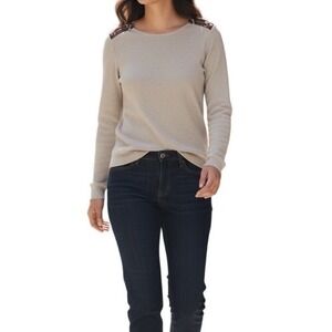 Lauren Ralph Lauren Women's Beige Ribbed Knit Shirt Neutral Zipper Patch Large